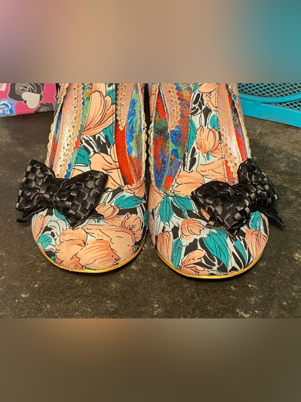 Irregular Choice BLOXY T strap Mary Jane’s, floral,black with bows,in box, 9 - Picture 6 of 13